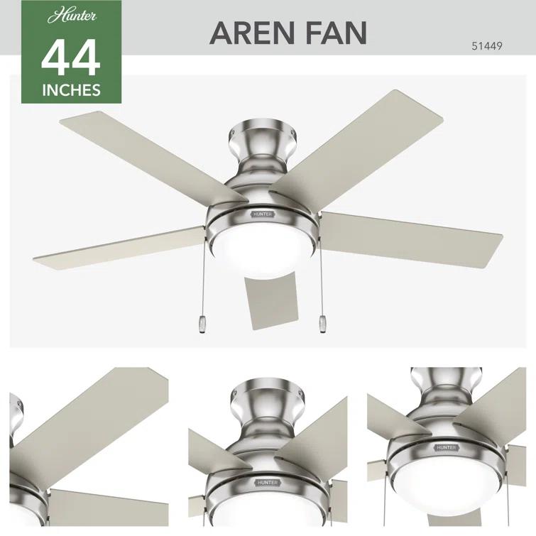 44" Aren 5 - Blade Flush Mount Ceiling Fan with Pull Chain and Light Kit Included