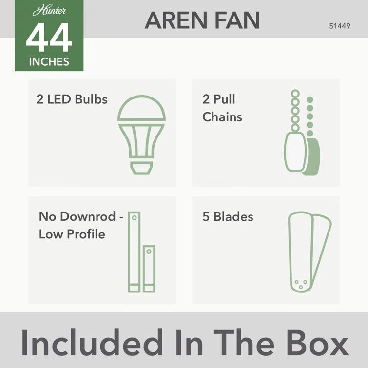 44" Aren 5 - Blade Flush Mount Ceiling Fan with Pull Chain and Light Kit Included