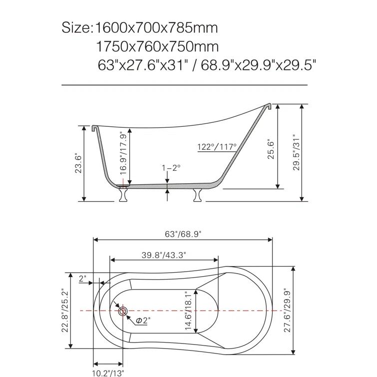 68.9" x 31" Clawfoot Soaking Acrylic Bathtub
