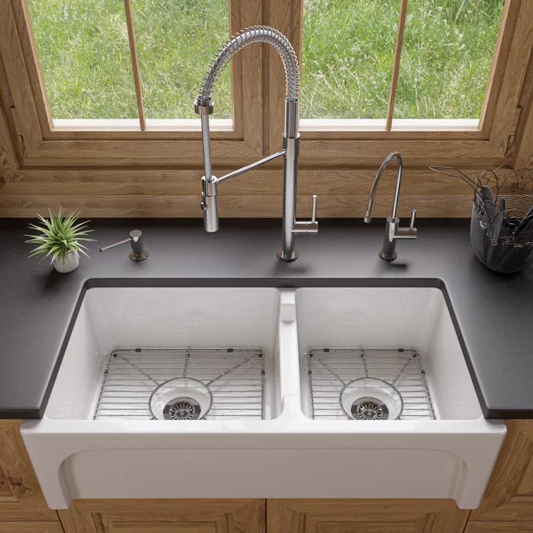 36'' L Farmhouse / Apron Double Bowl Fireclay Kitchen Sink