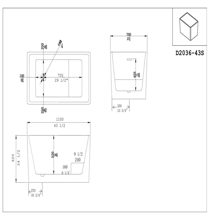 43.25'' x 27.5" Freestanding Soaking Acrylic Bathtub