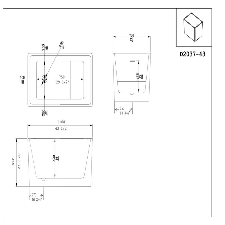 43.25'' x 27.5" Freestanding Soaking Acrylic Bathtub
