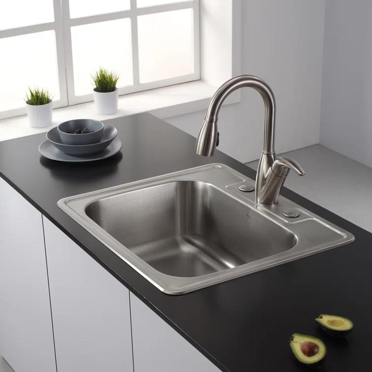 KRAUS 25 inch L Topmount Single Bowl 18 Gauge Stainless Steel Kitchen Sink with NoiseDefend Soundproofing