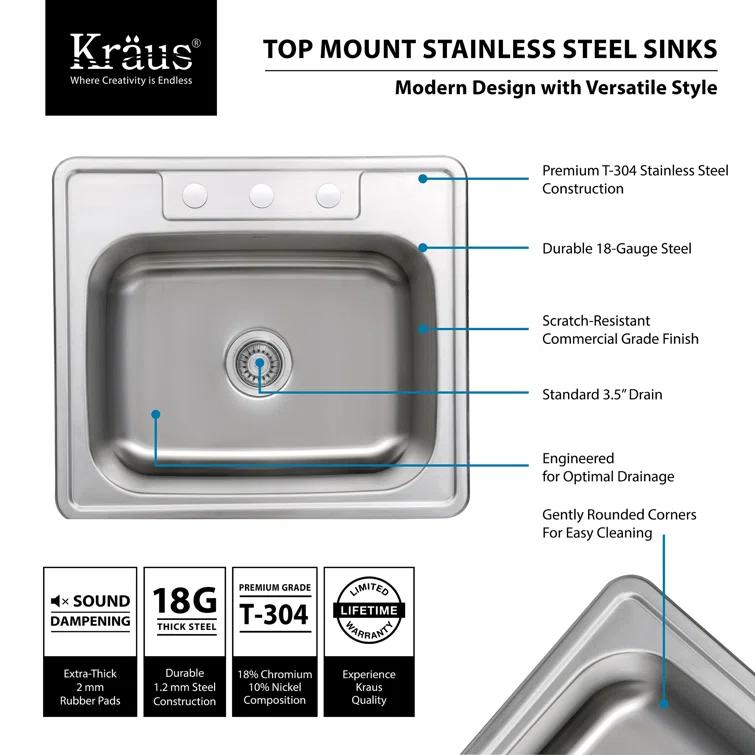 KRAUS 25 inch L Topmount Single Bowl 18 Gauge Stainless Steel Kitchen Sink with NoiseDefend Soundproofing
