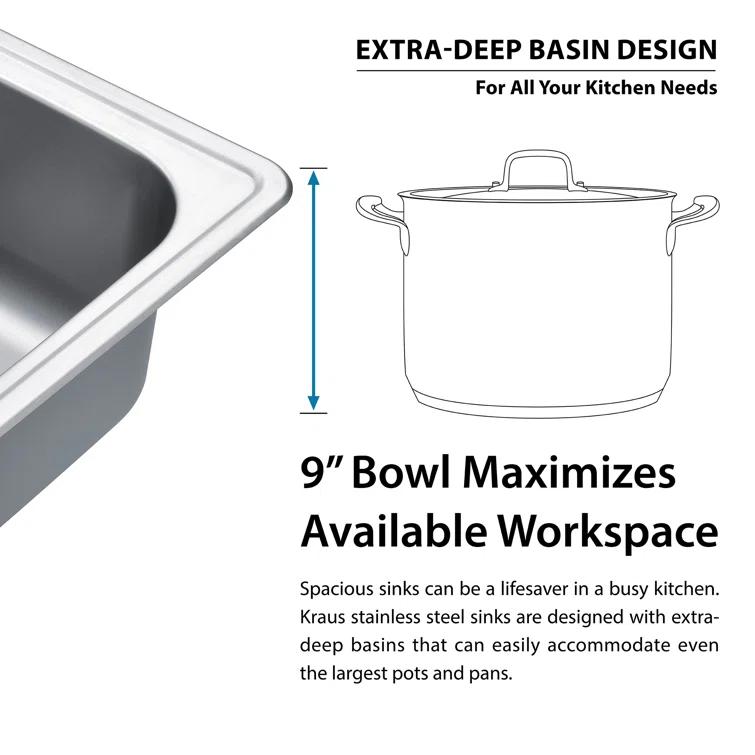 KRAUS 25 inch L Topmount Single Bowl 18 Gauge Stainless Steel Kitchen Sink with NoiseDefend Soundproofing