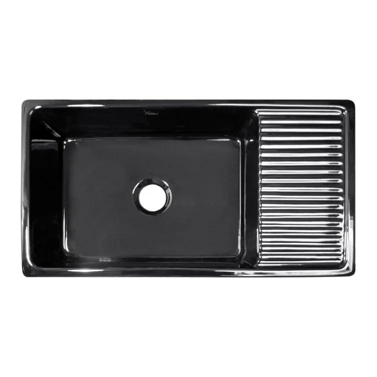 Glossy Black Fireclay Reversible Sink with Drainboard