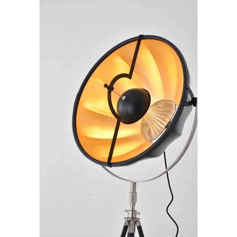 Adjustable Black Metal Tripod Floor Lamp with Gold Interior