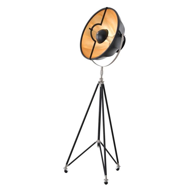 Adjustable Black Metal Tripod Floor Lamp with Gold Interior