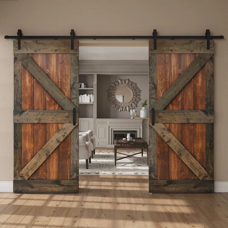 Paneled Wood K Series Double Barn Door with Installation Hardware Kit