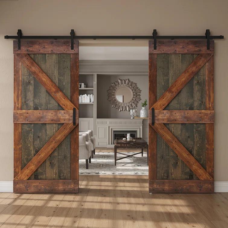 Paneled Wood K Series Double Barn Door with Installation Hardware Kit
