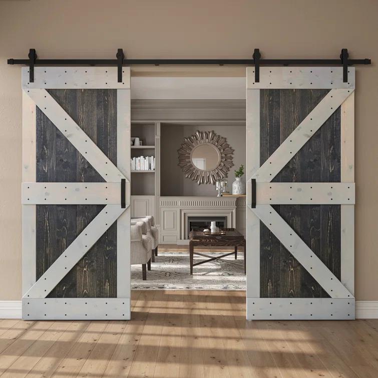 Paneled Wood K Series Double Barn Door with Installation Hardware Kit