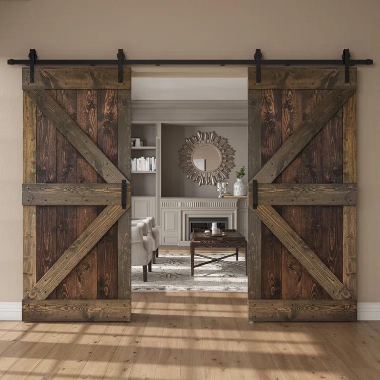 Paneled Wood K Series Double Barn Door with Installation Hardware Kit
