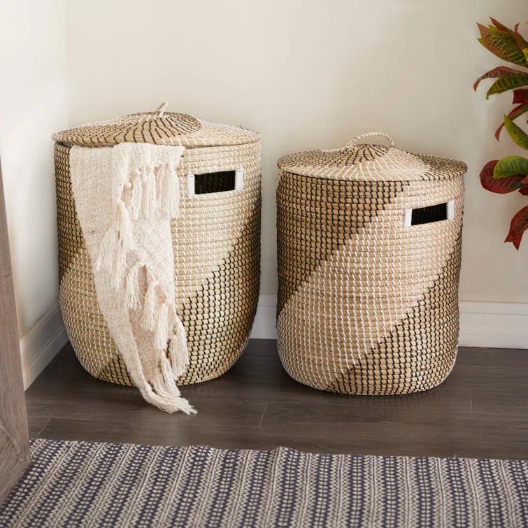 Seagrass Handmade Two Toned Decorative and Functional Storage Basket with Matching Lids