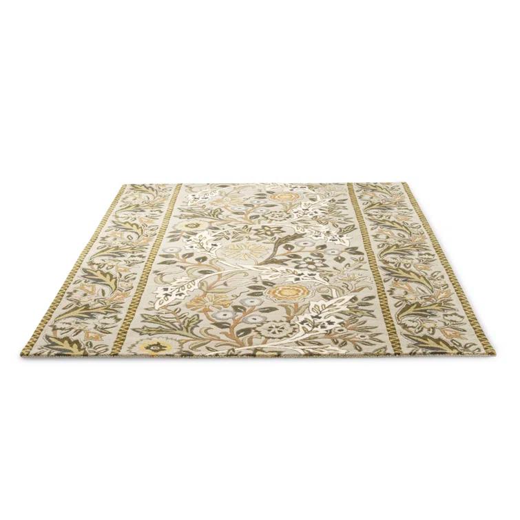 Beige and Mustard Hand-Tufted Wool Floral Rectangular Rug