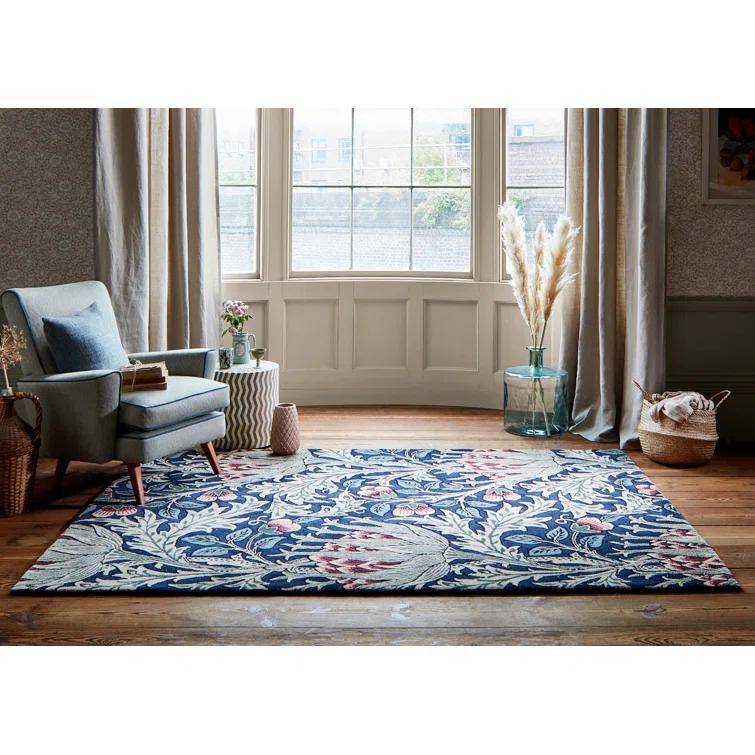 Hand-Tufted Wool and Viscose Floral Rug in Red and Blue