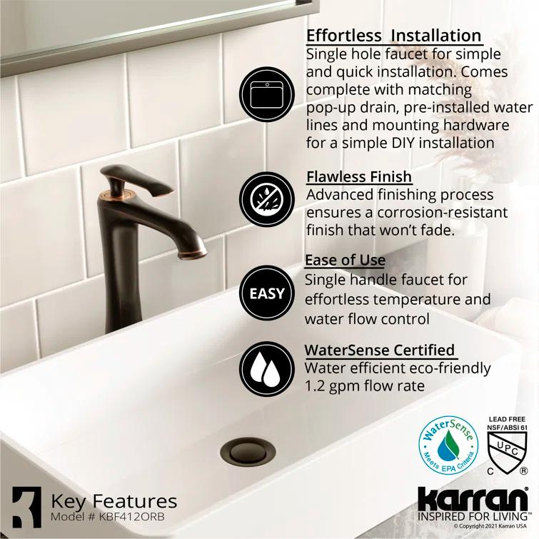 Karran Woodburn Single Handle Single Hole Vessel Bathroom Faucet With Matching Pop-up Drain