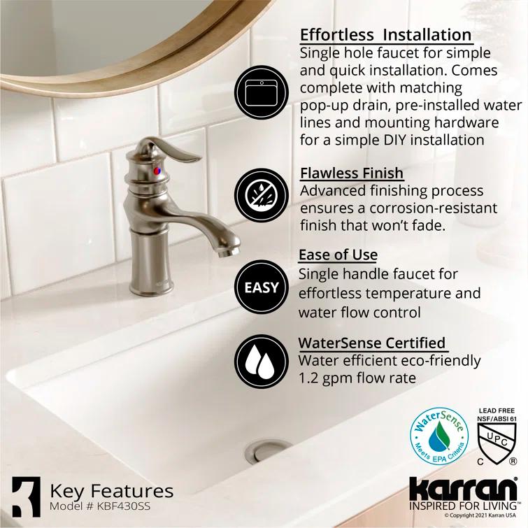 Karran Dartford Single Handle Single Hole Basin Bathroom Faucet With Matching Pop-up Drain