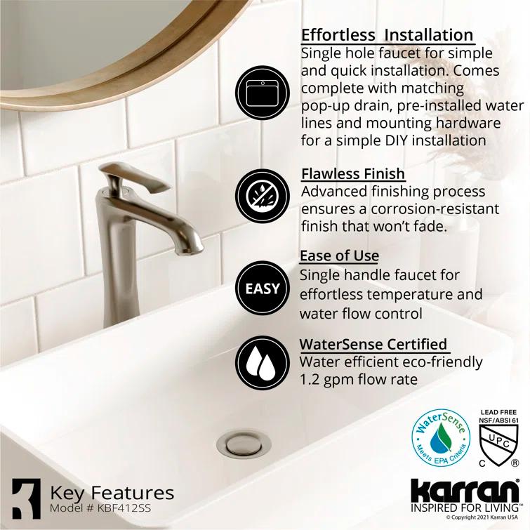 Karran Woodburn Single Handle Single Hole Vessel Bathroom Faucet With Matching Pop-up Drain