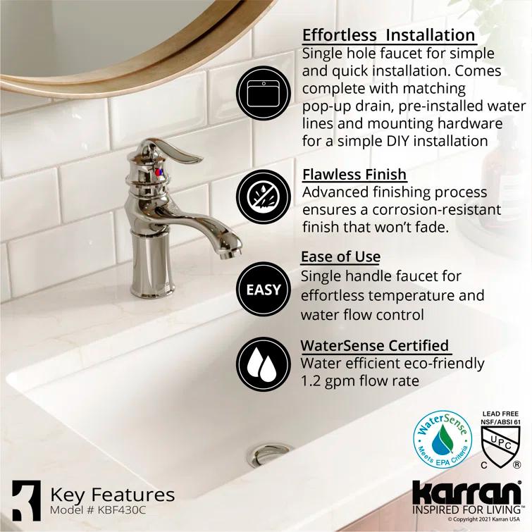 Karran Dartford Single Handle Single Hole Basin Bathroom Faucet With Matching Pop-up Drain