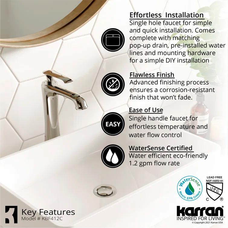 Karran Woodburn Single Handle Single Hole Vessel Bathroom Faucet With Matching Pop-up Drain