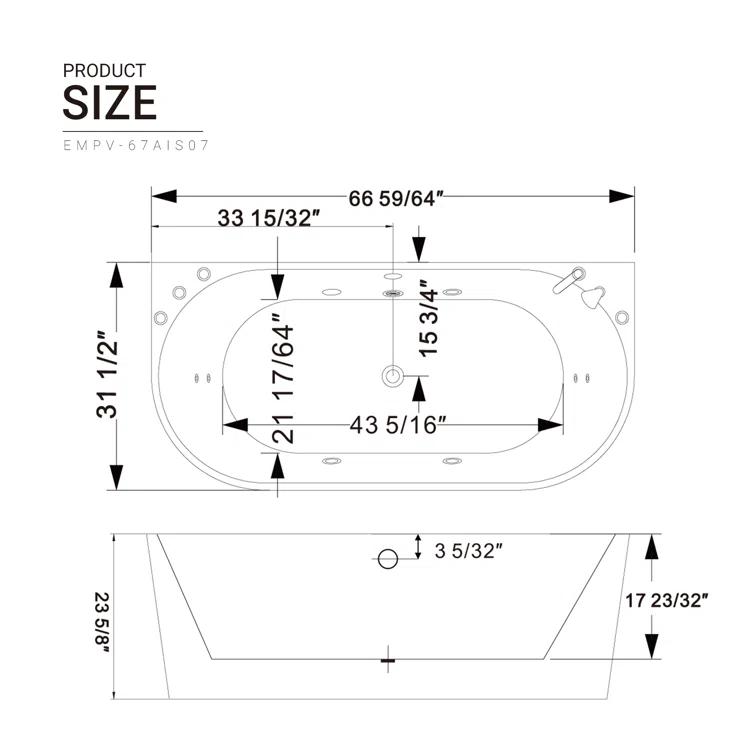 Empava EMP-67AIS07 67'' x 33.5'' Freestanding Whirlpool Plastic / Acrylic Bathtub with Faucet