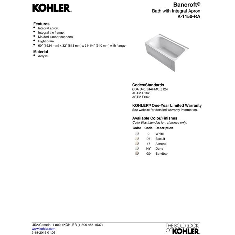 Bancroft® 60" x 32" Alcove Soaking Acrylic Bathtub