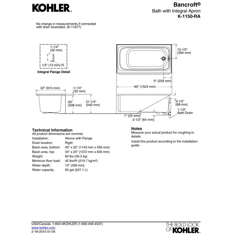 Bancroft® 60" x 32" Alcove Soaking Acrylic Bathtub