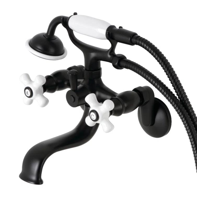 Kingston Brass Kingston Three-Handle 2-Hole Wall Mount Clawfoot Tub Faucet with Hand Shower