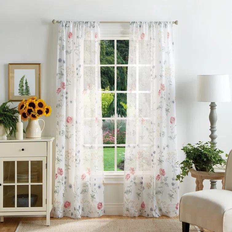 Martha Stewart Marthas Garden Floral Semi-Sheer Rod Pocket Curtain Panel Pair (Set of 2) (Set of 2)