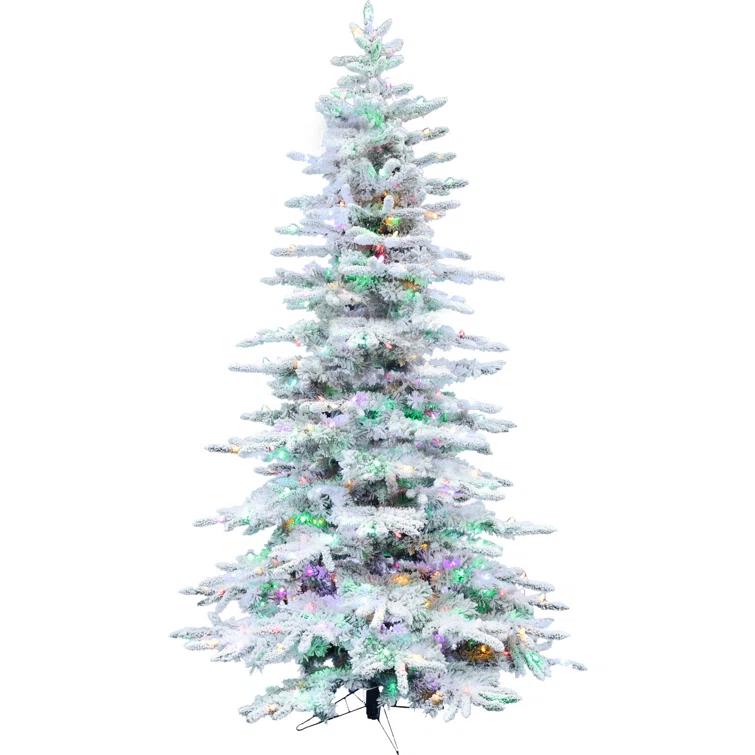 Fraser Hill Farm Flocked Mountain Pine Christmas Tree with LED Lights
