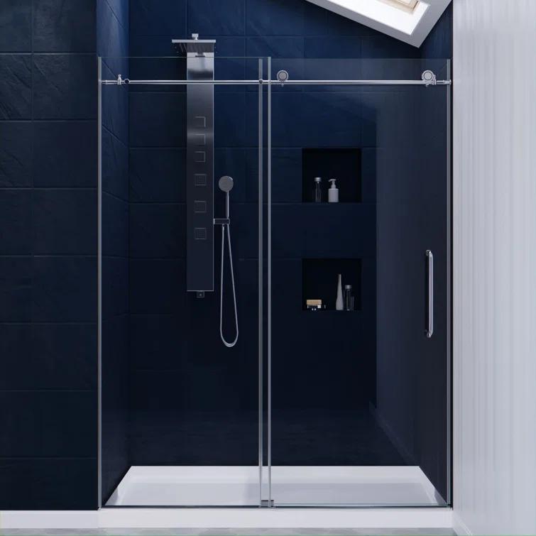 Leon 56"-60" W x 76" H Single Sliding Frameless Shower Door with Tsunami Guard