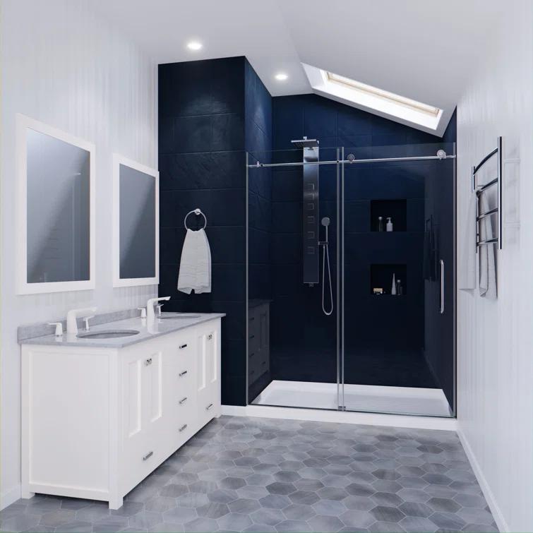 Leon 56"-60" W x 76" H Single Sliding Frameless Shower Door with Tsunami Guard