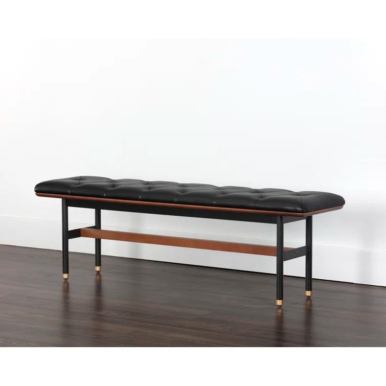 Mid-Century Modern Black Faux Leather Upholstered Bench with Brass Accents