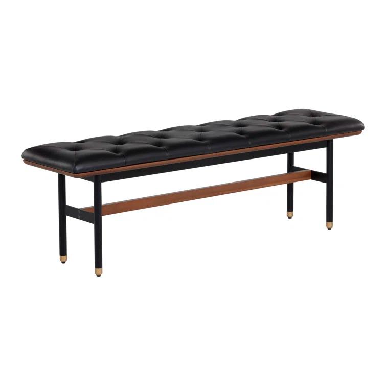 Mid-Century Modern Black Faux Leather Upholstered Bench with Brass Accents