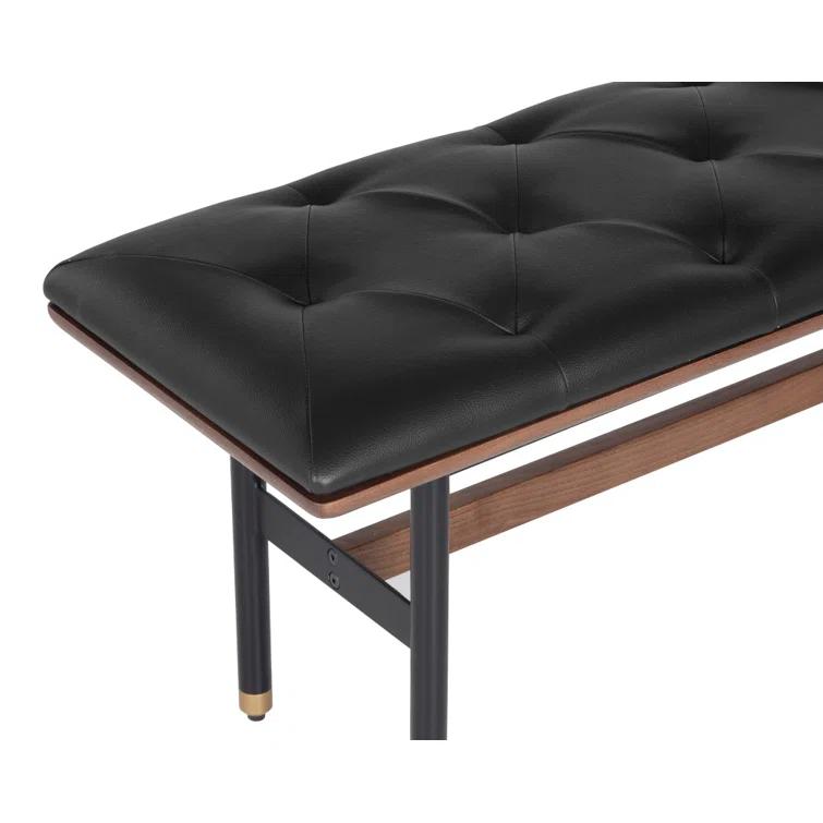 Mid-Century Modern Black Faux Leather Upholstered Bench with Brass Accents