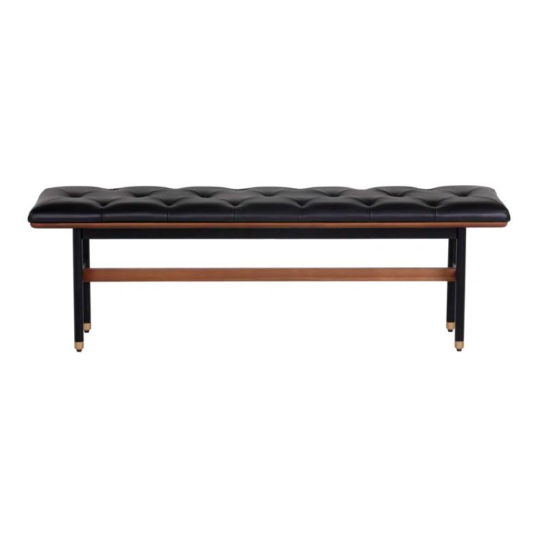 Mid-Century Modern Black Faux Leather Upholstered Bench with Brass Accents