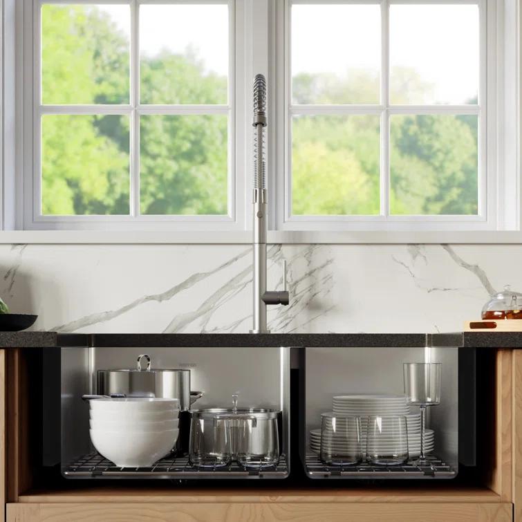 Karran 16-Gauge Stainless Steel 33'' X 22-1/4'' 60/40 Double Bowl Farmhouse Apron Front Sink Kit