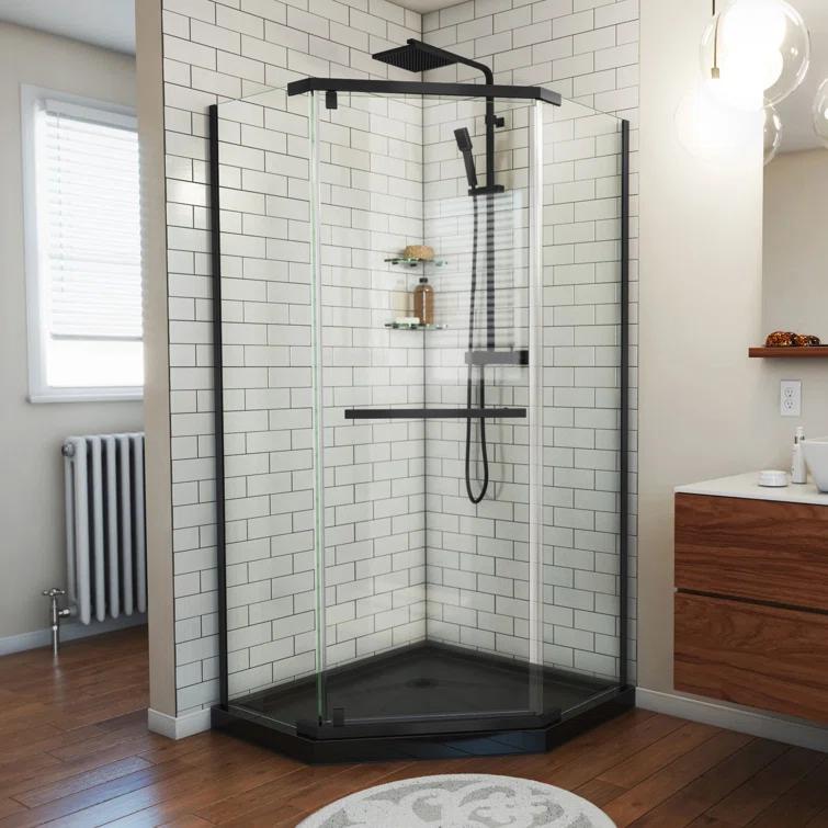 Prism 42" W x 42" D x 74.75" H Frameless Neo-Angle Reversible Shower Kit with Towel Bar and Base Included
