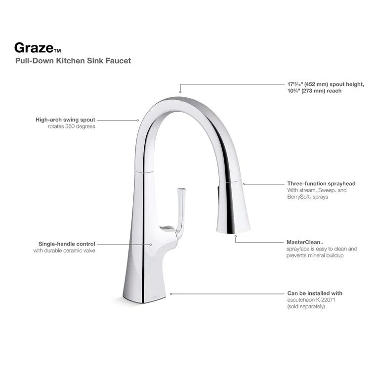 Graze Pull-Down Single Handle Kitchen Faucet With Three-Function Sprayhead With Accessories