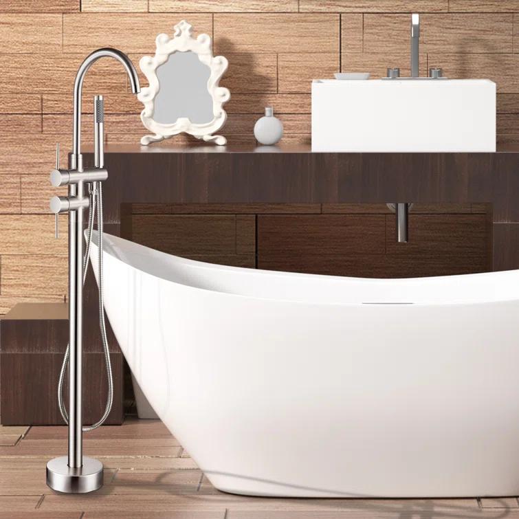Double Handle Floor Mounted Freestanding Tub Filler With Handshower