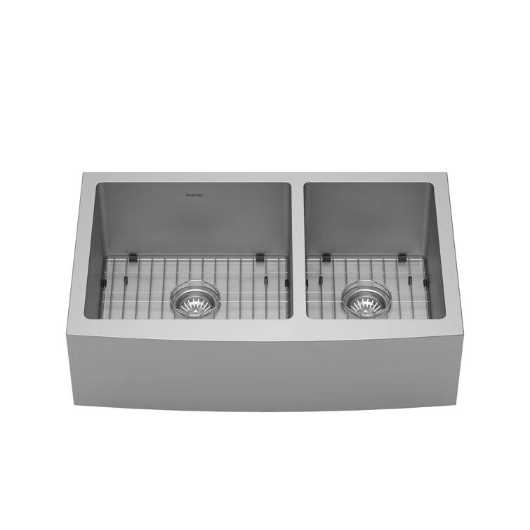 Karran 16-Gauge Stainless Steel 33'' X 22-1/4'' 60/40 Double Bowl Farmhouse Apron Front Sink Kit