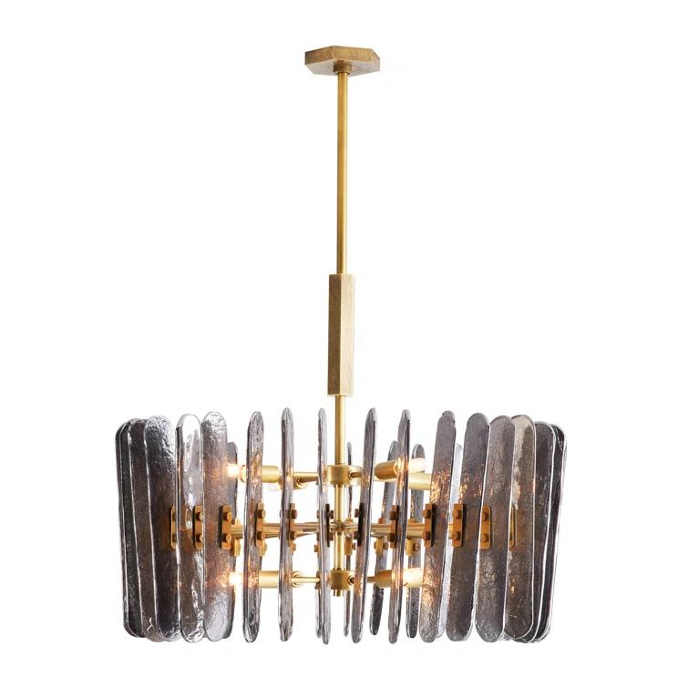 Antique Brass Drum Chandelier with Smoke Glass Panels