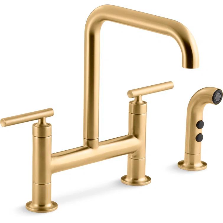 Kohler Purist® Two Handle Deck-Mounted Bridge Kitchen Sink Faucet with Pull Out Side Sprayer