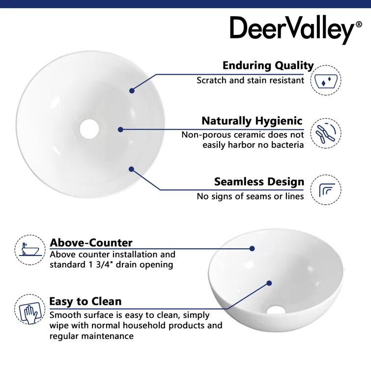 DeerValley Symmetry 13" x 13'' Circular/Round Vitreous Vessel Bathroom Sink