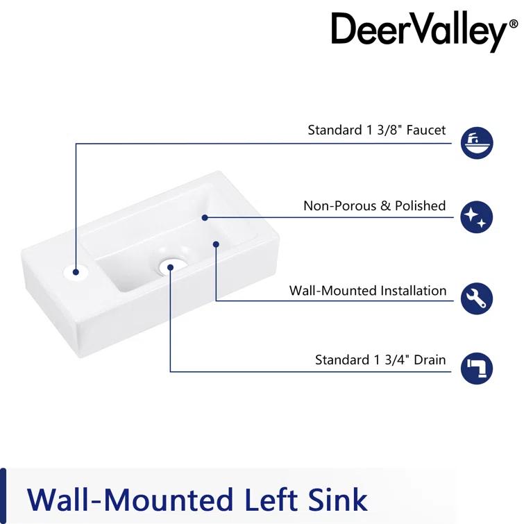 Liberty 14.57'' x 7'' Vitreous China Rectangular Wall Mount Bathroom Sink with Left Faucet Hole for Small Space
