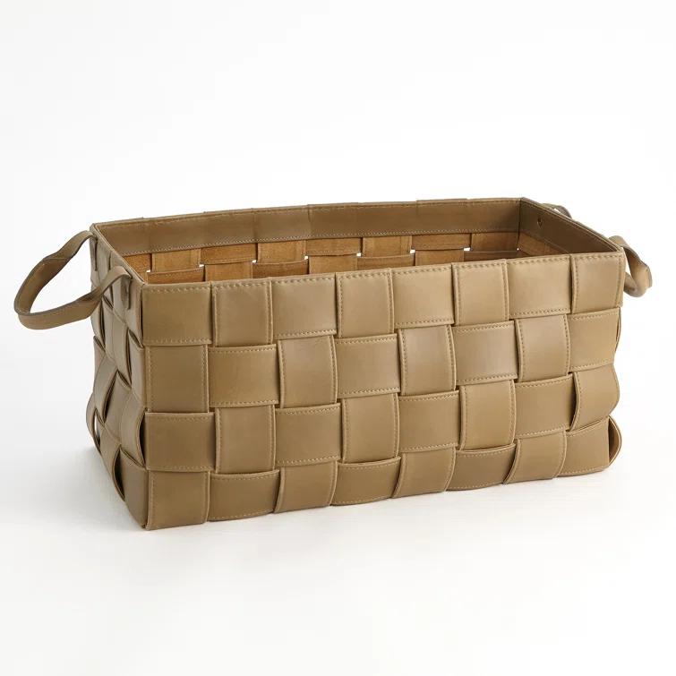 Global Views Soft Woven Leather Basket-Putty
