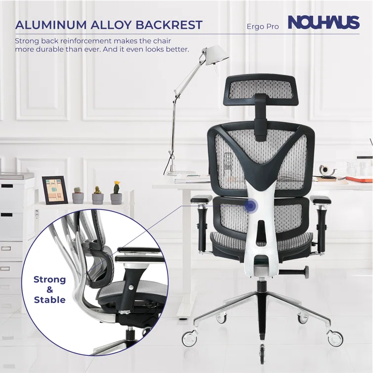 Nouhaus Inc Nouhaus Ergonomic Office Chair Lumbar Support Aluminum Alloy Backrest, Big and Tall Mesh Computer Desk Chair with Adjustable Headrest, 4D Armrest and Premium Wheels