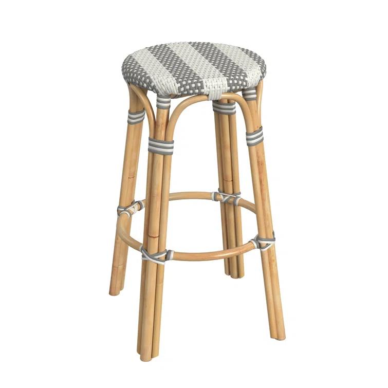 Butler Specialty Company Tobias Round Rattan 30" Bar Stool - Gray & White Stripe