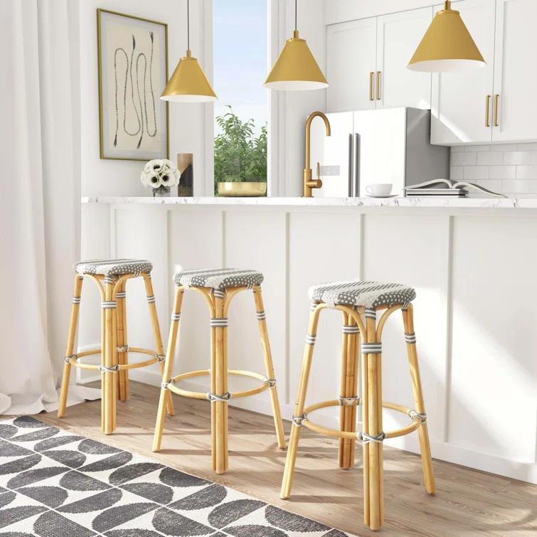 Butler Specialty Company Tobias Round Rattan 30" Bar Stool - Gray & White Stripe