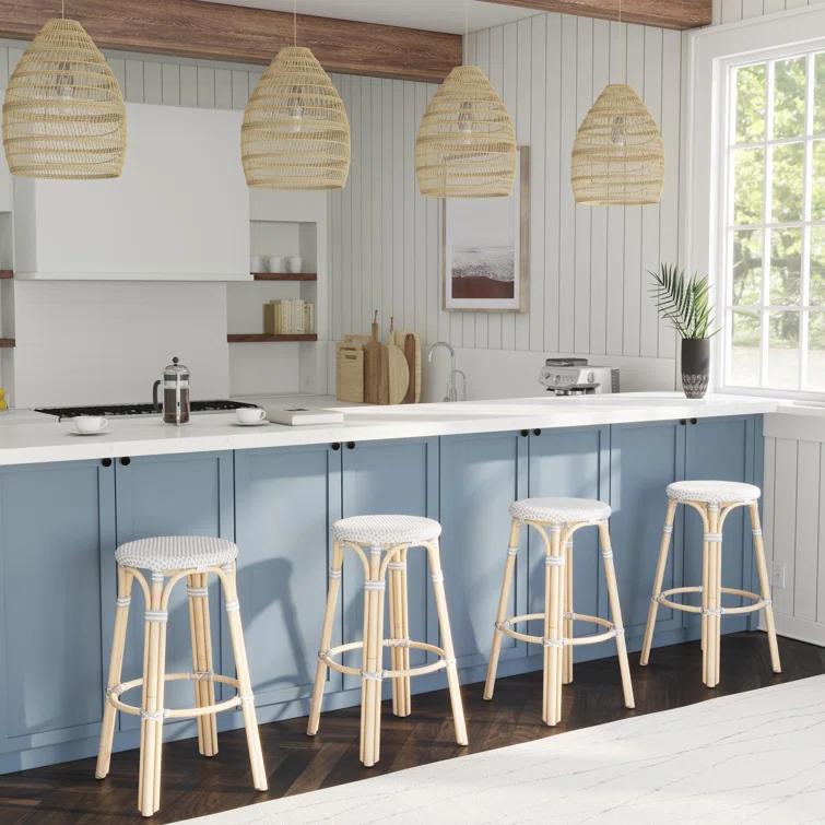 Gray Backless Wood Bar Stool with Rattan Seat, 30"